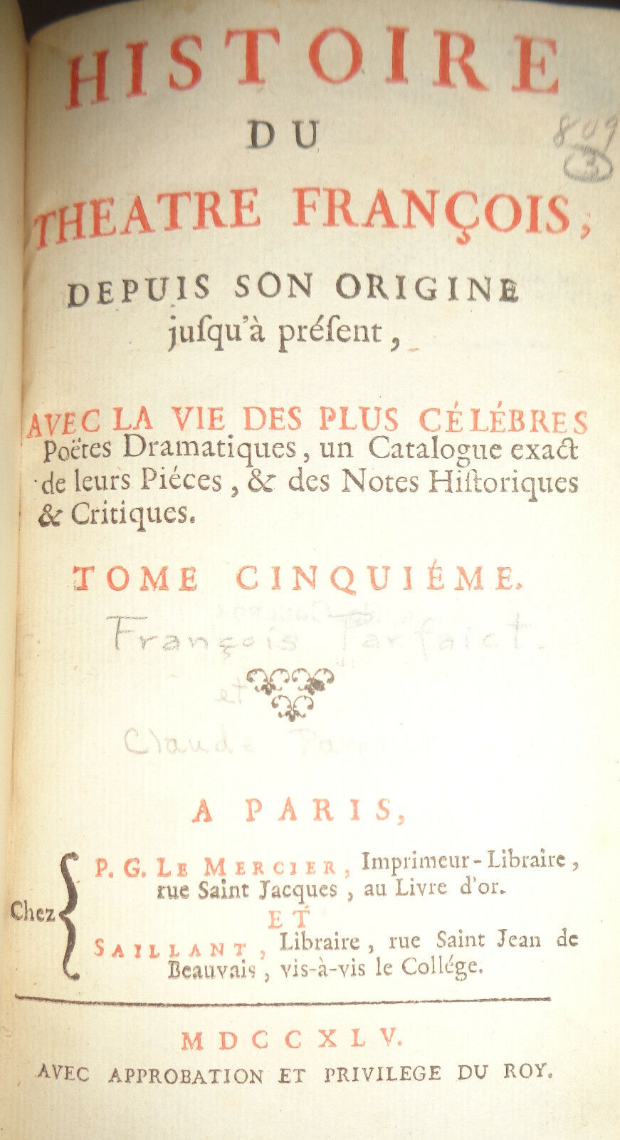 1745 Histoire Du Théâtre François Depuis Son Origine jusqu'à présent Tome Cinq