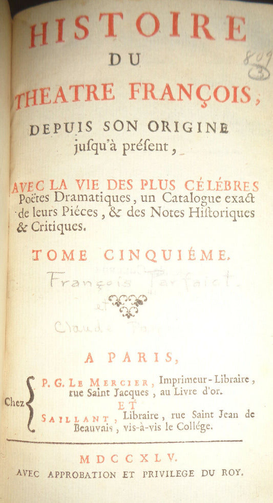 1745 Histoire Du Théâtre François Depuis Son Origine jusqu'à présent Tome Cinq