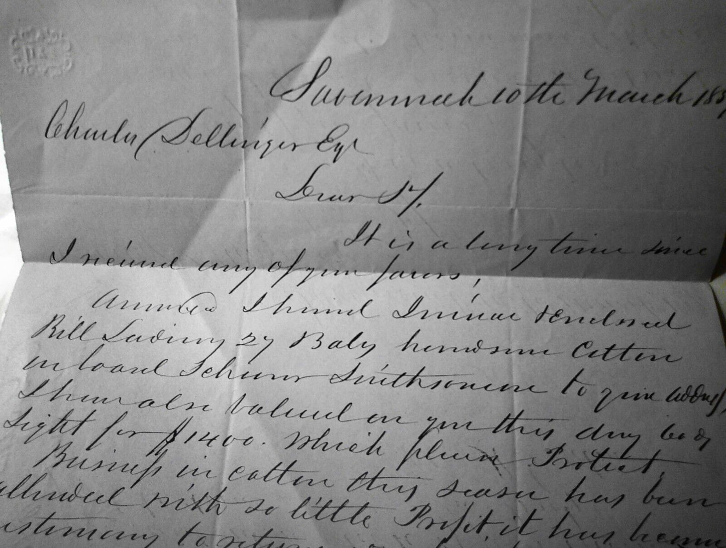 1859 Savannah Georgia letter on cotton trade - A. R. Gordon to Charles Sellinger