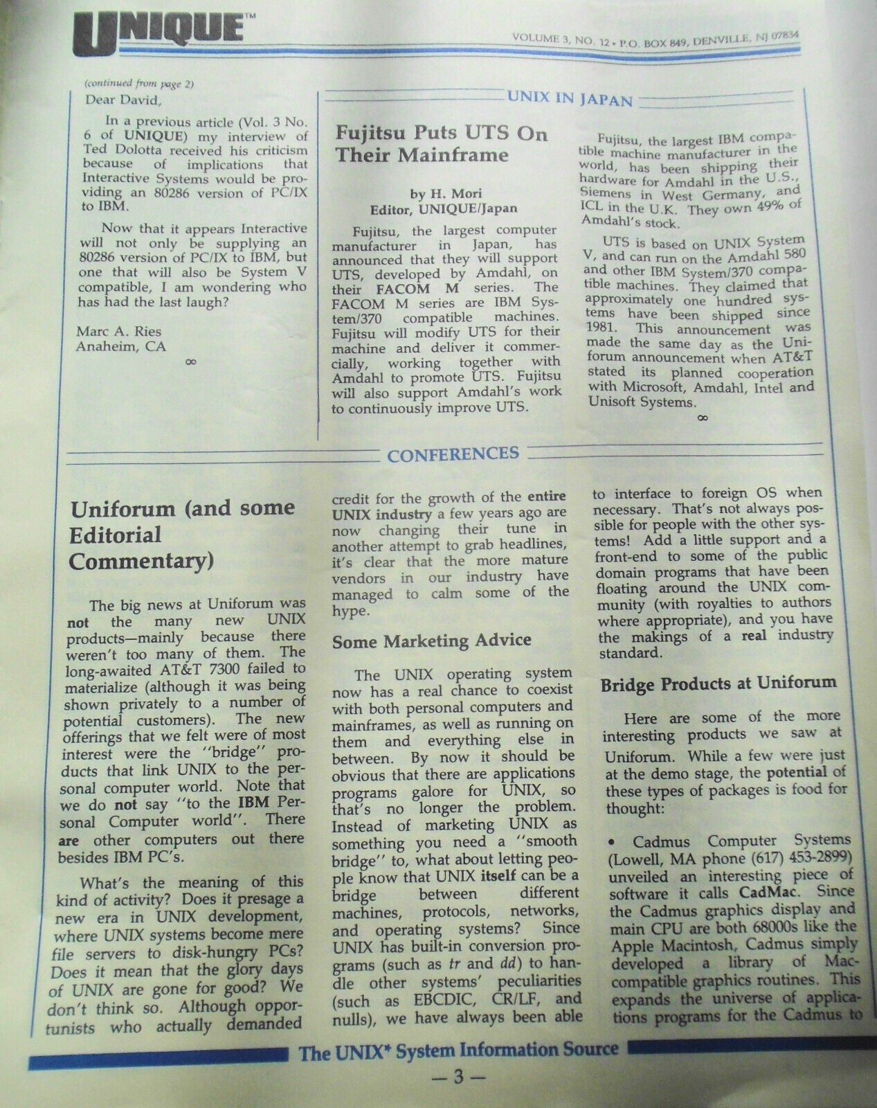 UNIQUE,  Vol. 3, No.  12, 1985 - The UNIX System Information Source