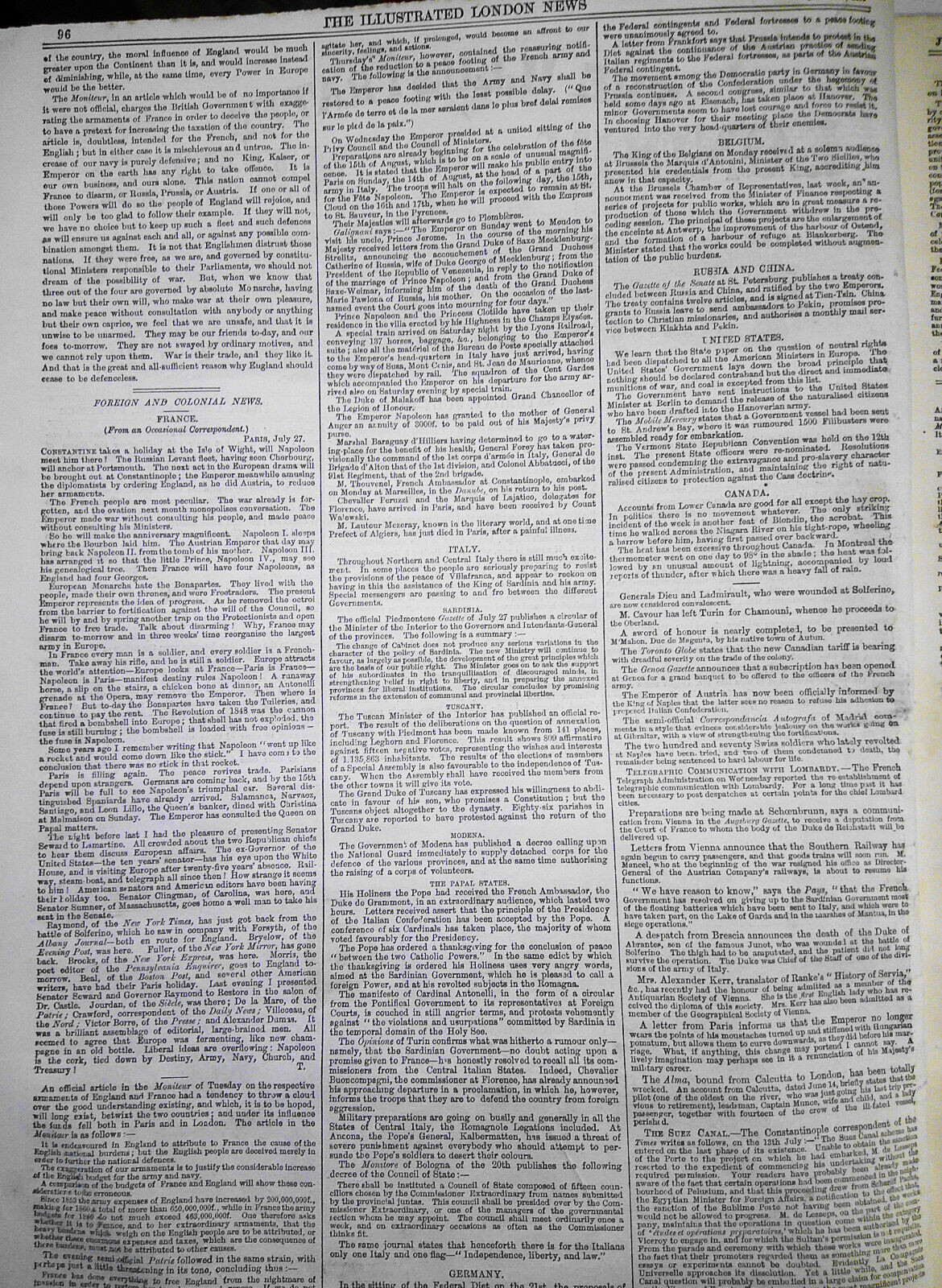 Illustrated London News, July 30, 1859. Railway Map of Lower Egypt;  Mantua; etc