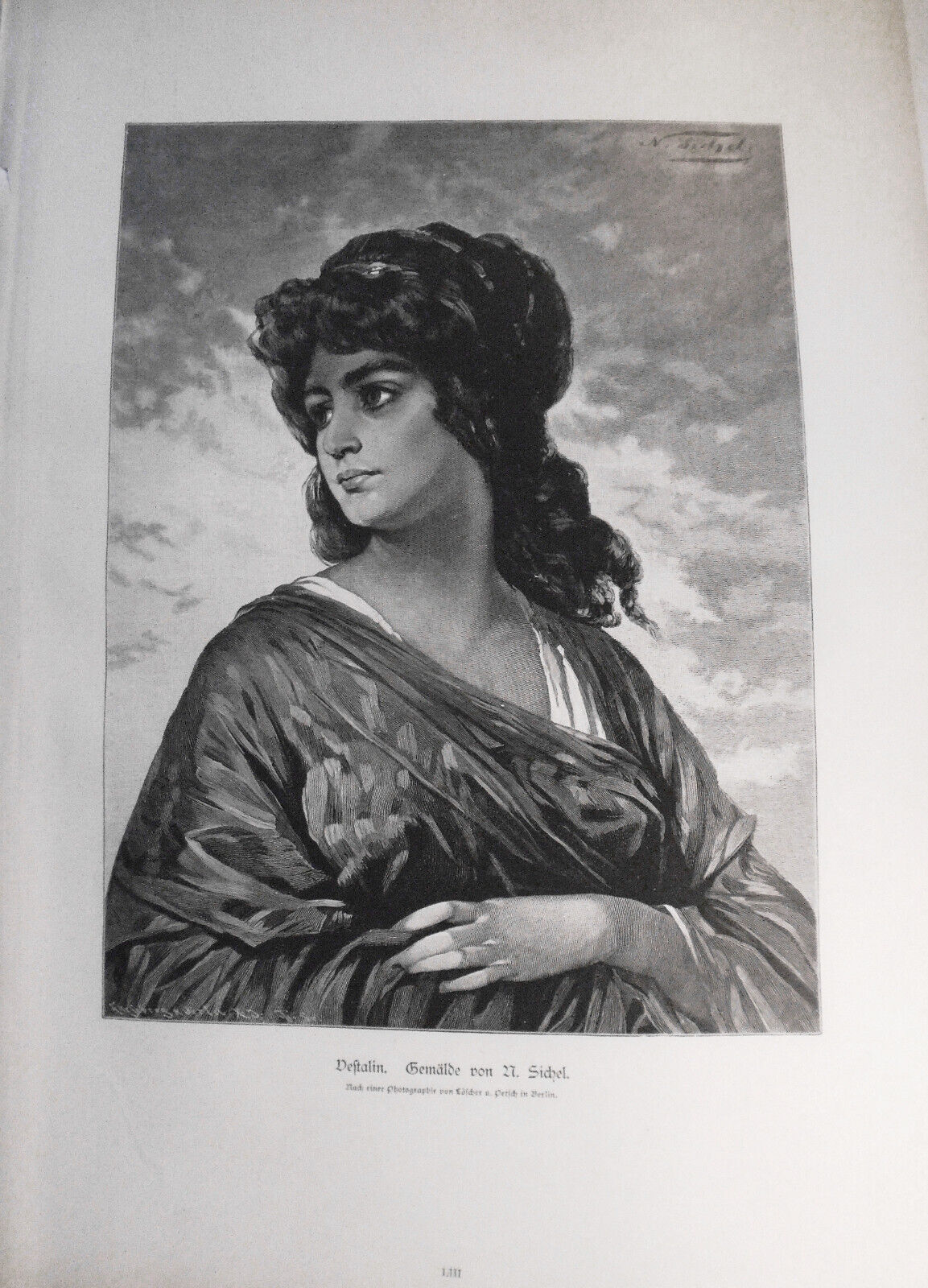 Vestalin, von N. Sichel  --  1884  -  Original antique print - 16x11 inches.