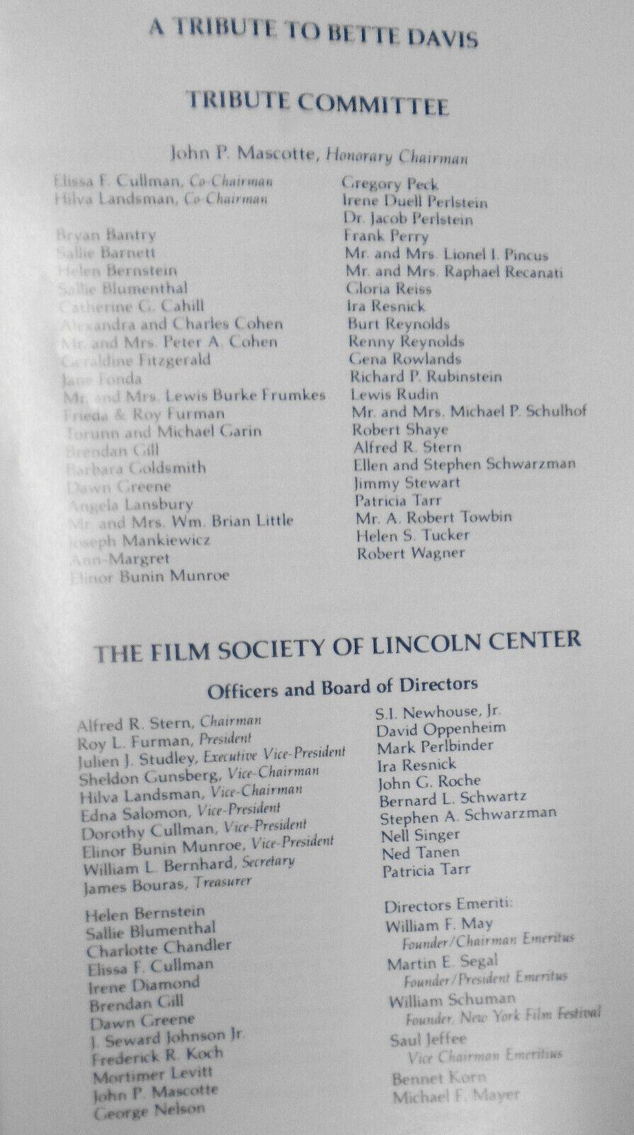 A Tribute To Bette Davis - Stagebill - April 1989 - Lincoln Center