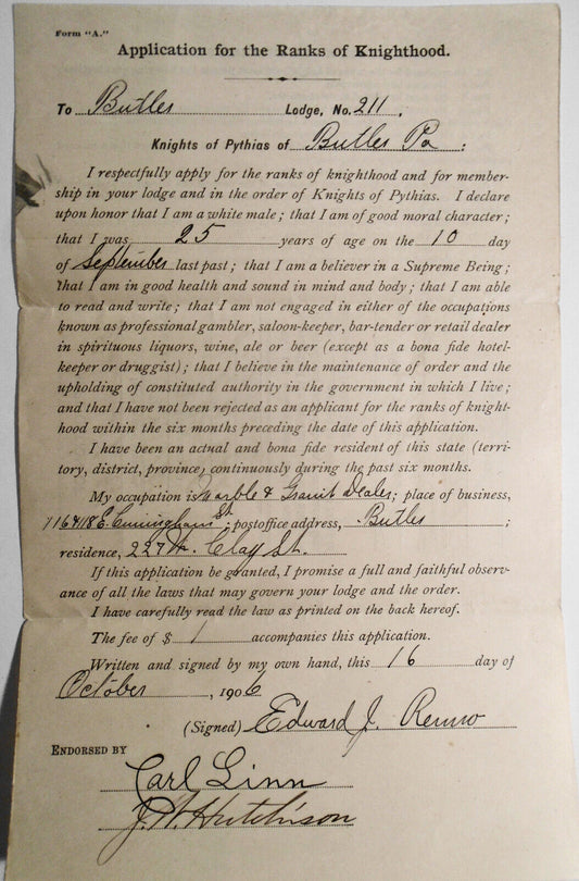 1906 Application for Rank of Knighthood - Butler Lodge, Knights of Pythias, PA