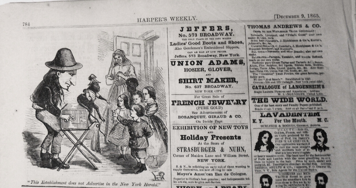 "This establishment does not advertise in the New York Herald". 1865 HW original