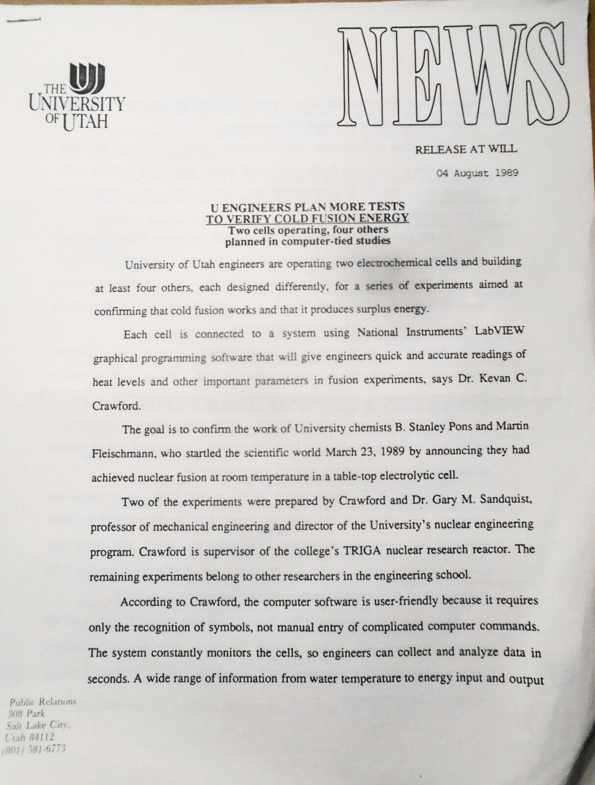 1989 Cold Fusion Resarch at University of Utah - 2 original Press releases