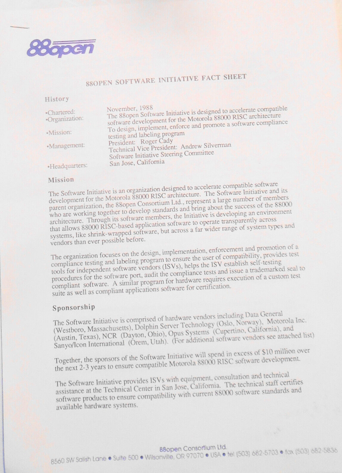 88open Consortium Membership Application, 1989. [Motorola 88000 RISC computers]