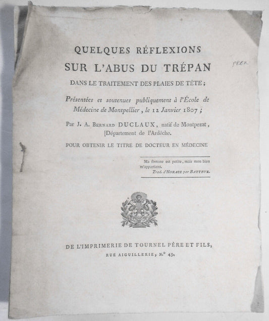 1807 Quelques réflexions sur l'abus du trépan dans traitement plaies de tete