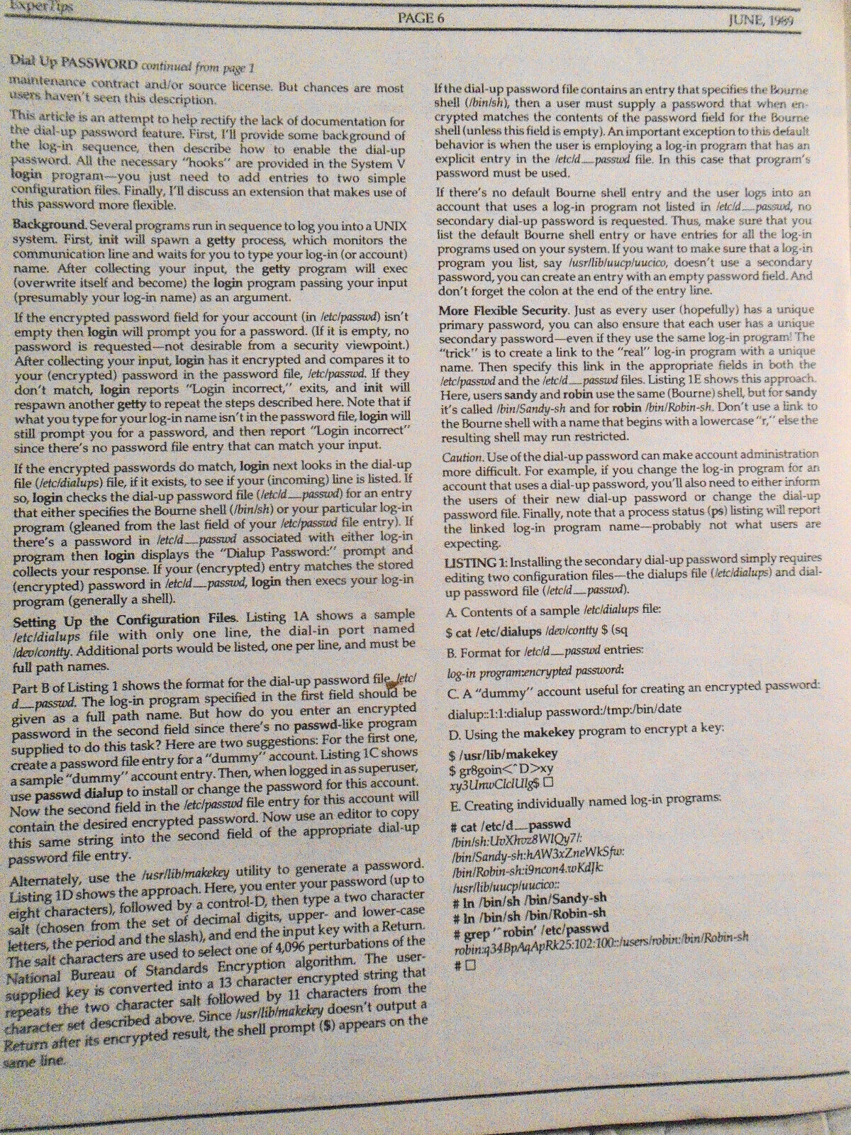 ExperTips, June 1989 -- A C and UNIX Newsletter -- Do-it Yourself UNIX Security