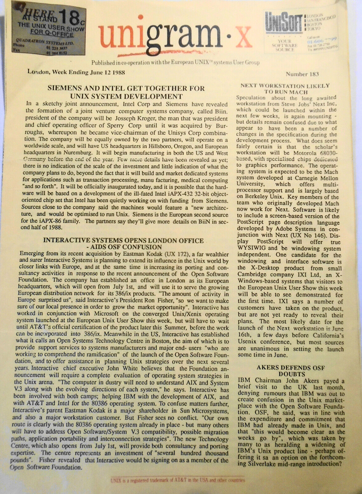 Unigram-X, #183 - June 12, 1988 - London weekly for UNIX manufacturers, et al