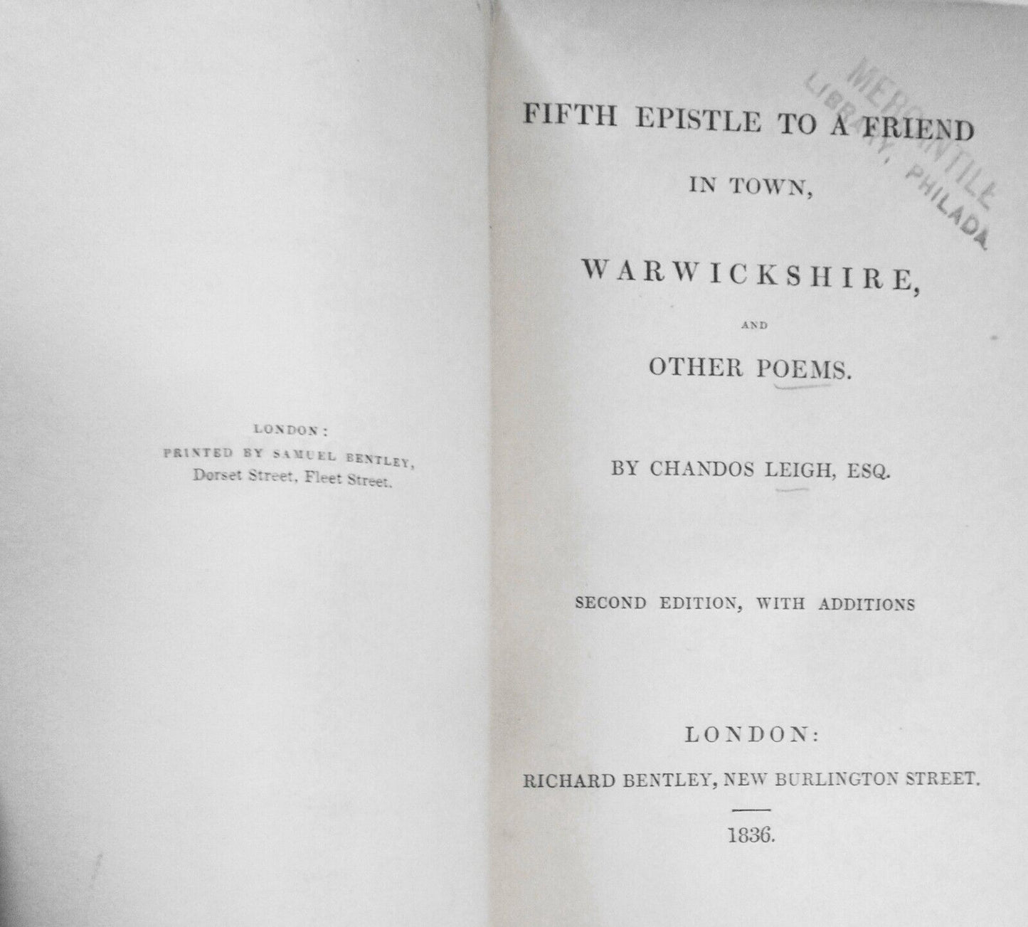 1836 Chandos Leigh: Fifth epistle to a friend in town, Warwickshire, other poems