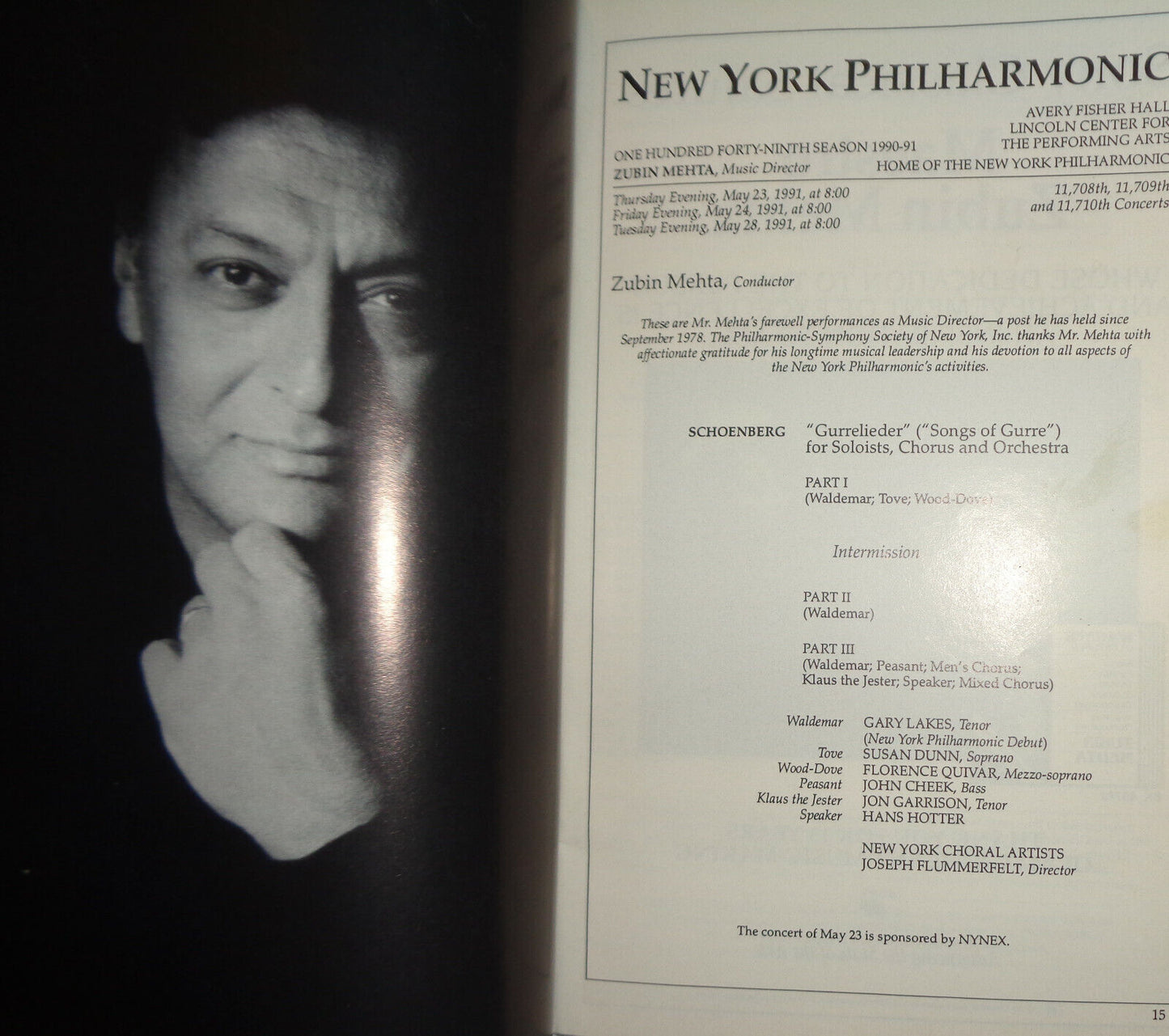 ZUBIN MEHTA FAREWELL PERFORMANCES / NEW YORK PHILHARMONIC - STAGEBILL - MAY 1991