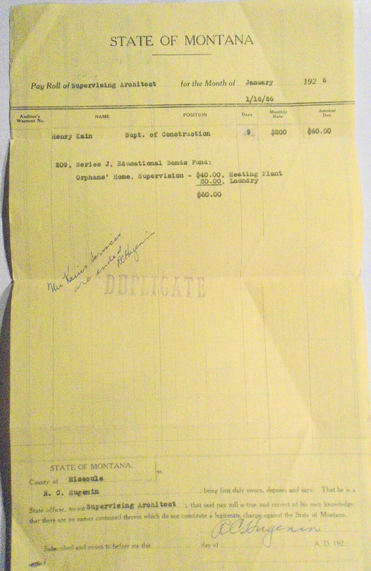 Payroll of the Supervising Architect, Missoula, Montana, for January 1926