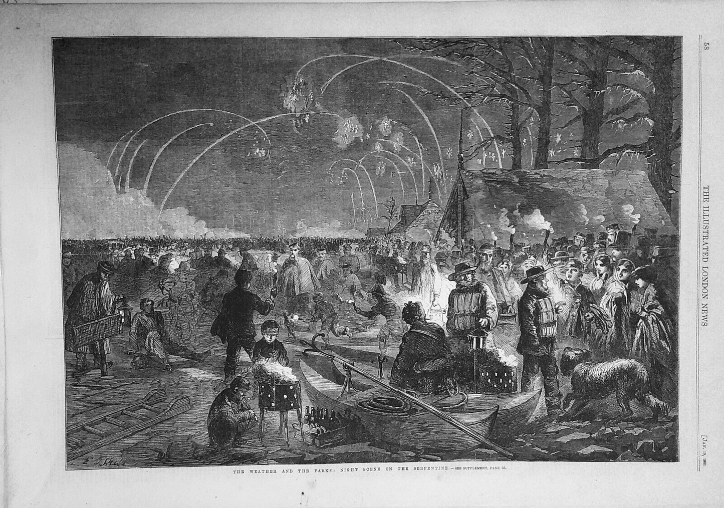 Weather & the parks: night scene on the Serpentine. Illustrated London News 1861