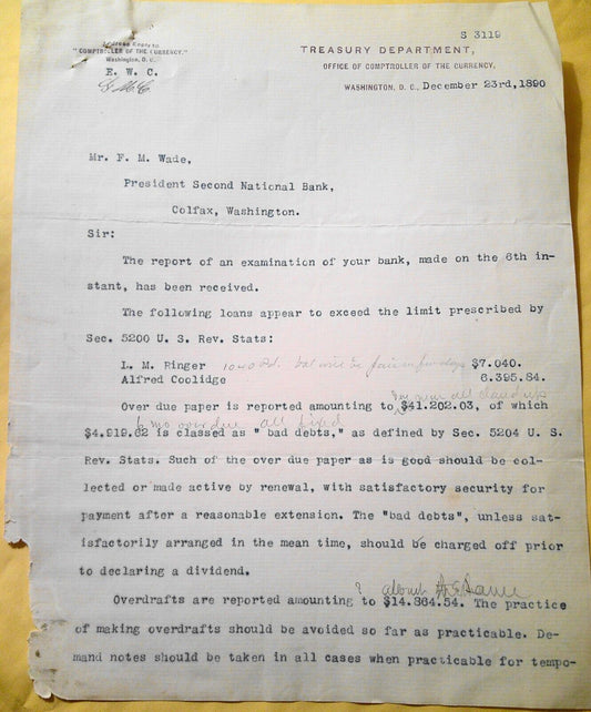 1890 Treasury Dept Comptroller of Currency Washington report of Bank Examination