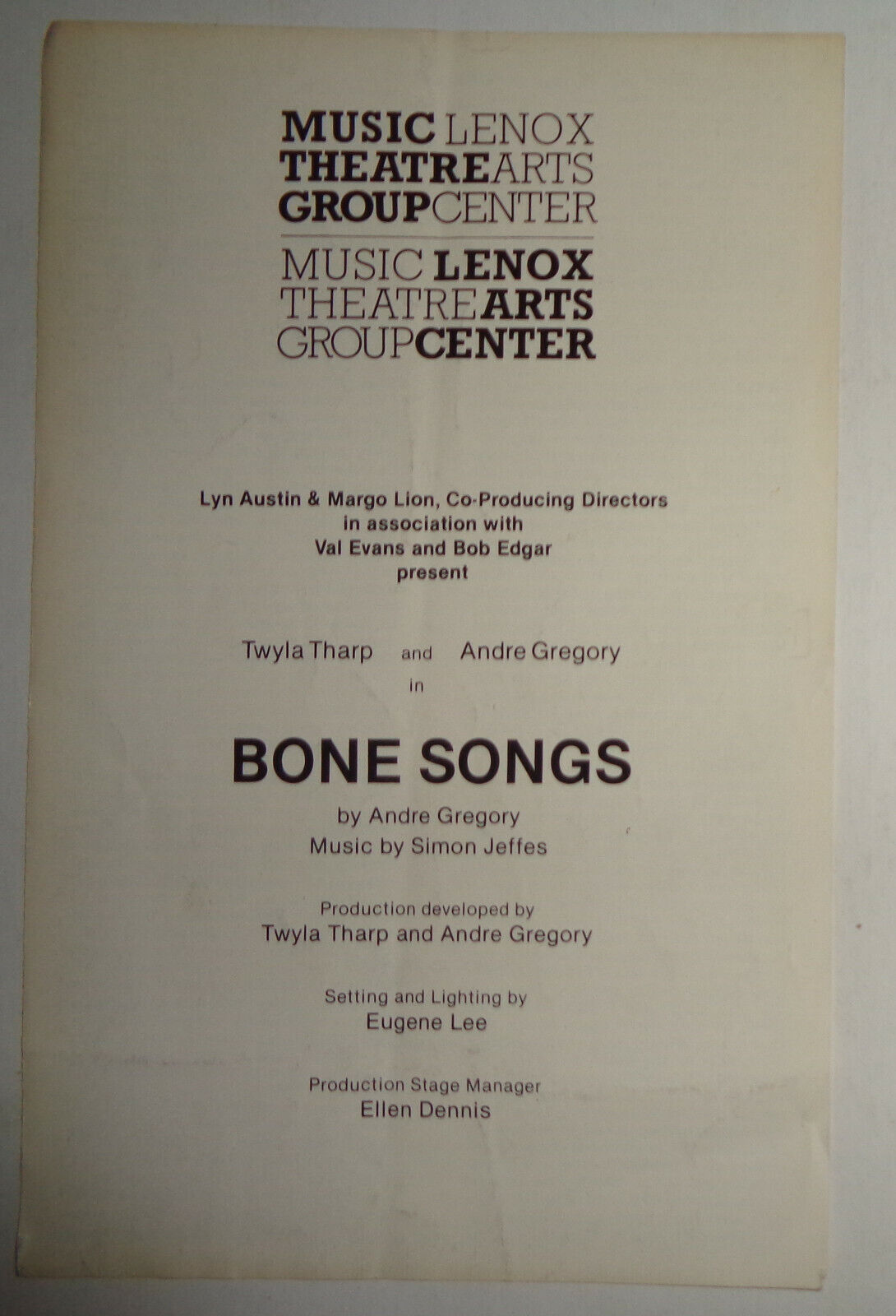 Twyla Tharp & Andre Gregory in BONE SONGS - PROGRAM - 1981