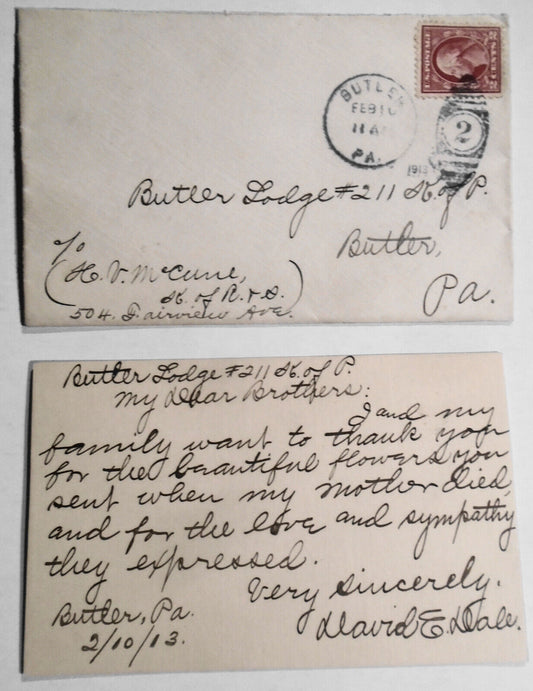 1913 Masonic correspondence - Butler Lodge No. 211, Pennsylvania. Thank you card