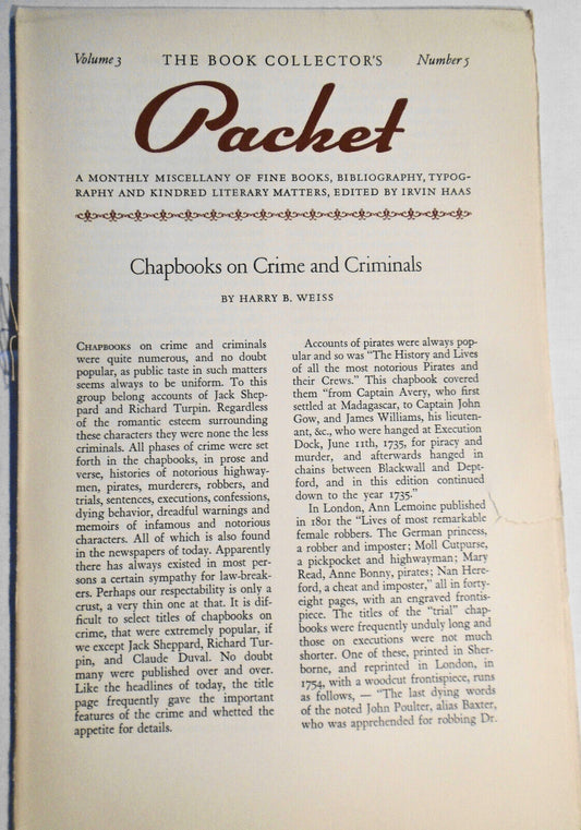 Book Collector's Packet, January 1939 - Chapbooks on Crime and Criminals, etc.