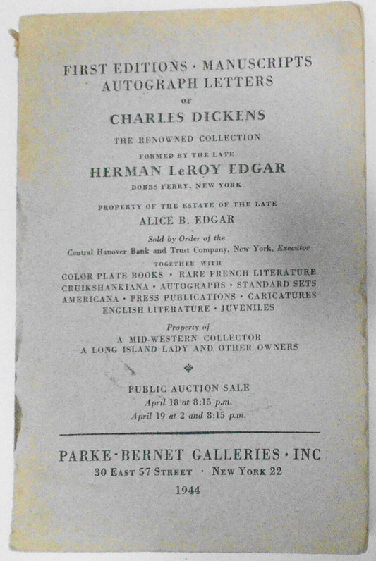 First Editions ... Of Charles Dickens...Herman Leroy Edgar  - 1944 Parke-Bernet
