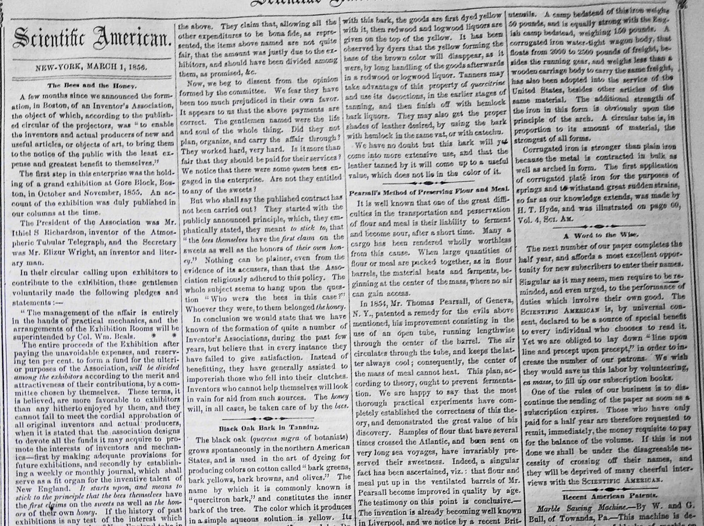 Scientific American, March 1, 1856. Bees and the honey; expelling rats, etc