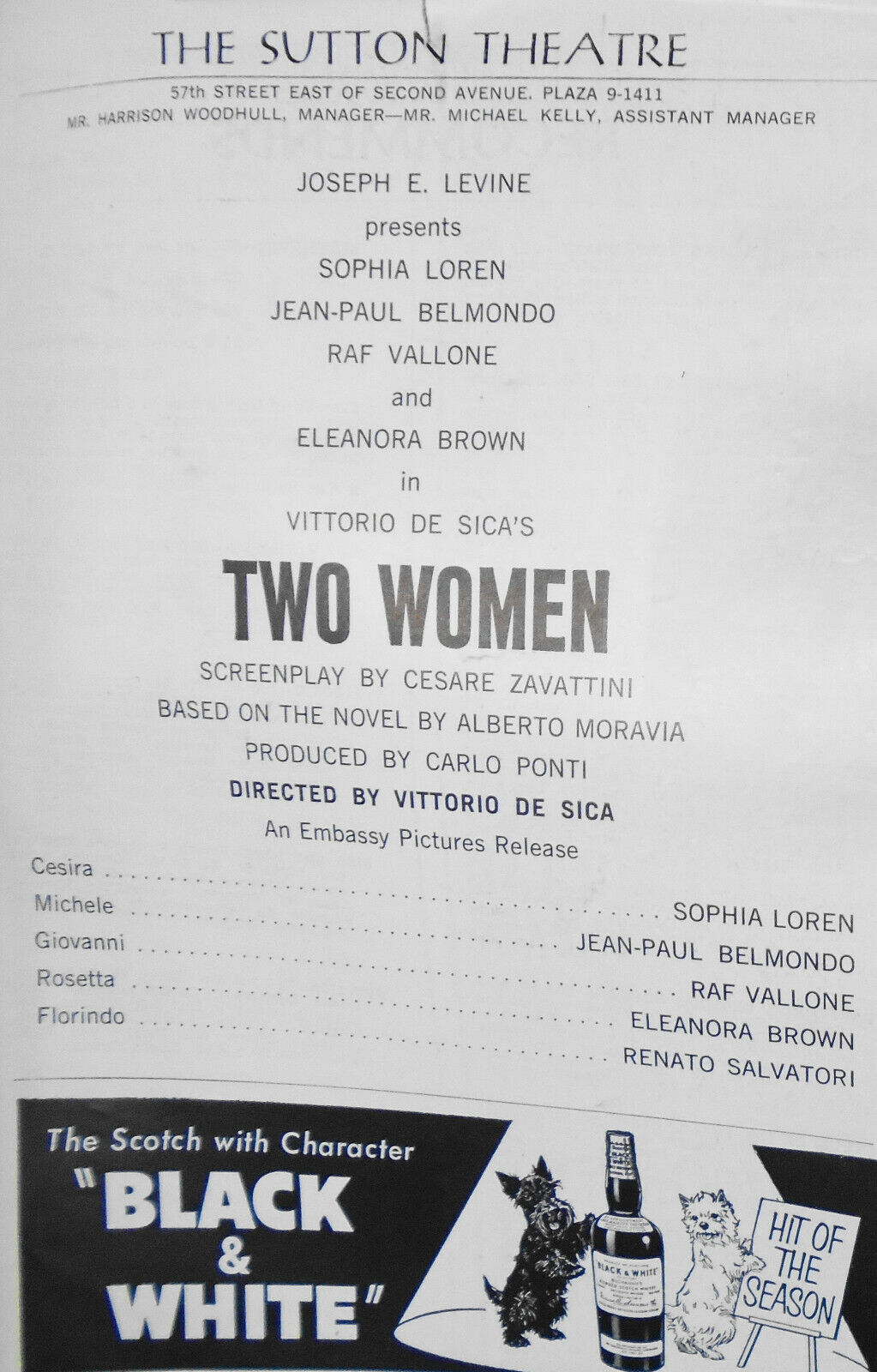 Two Women Showbill - Sophia Loren, Jean-Paul Belmondo - Sutton Theatre Sep 1961