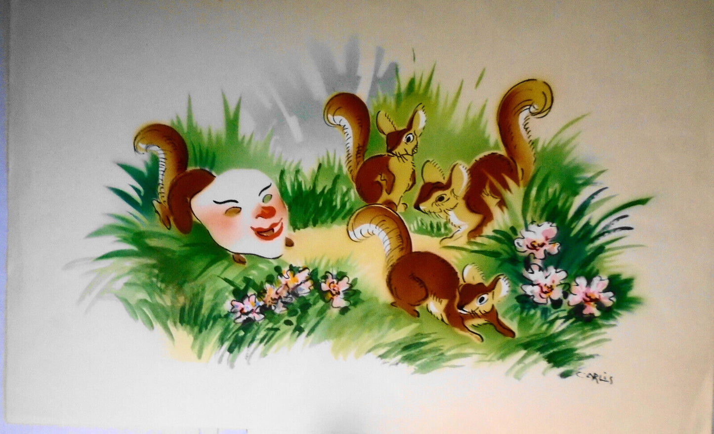 Squirrels playing with Mask, by C Arlis - original watercolor print - 18x11 1/2"