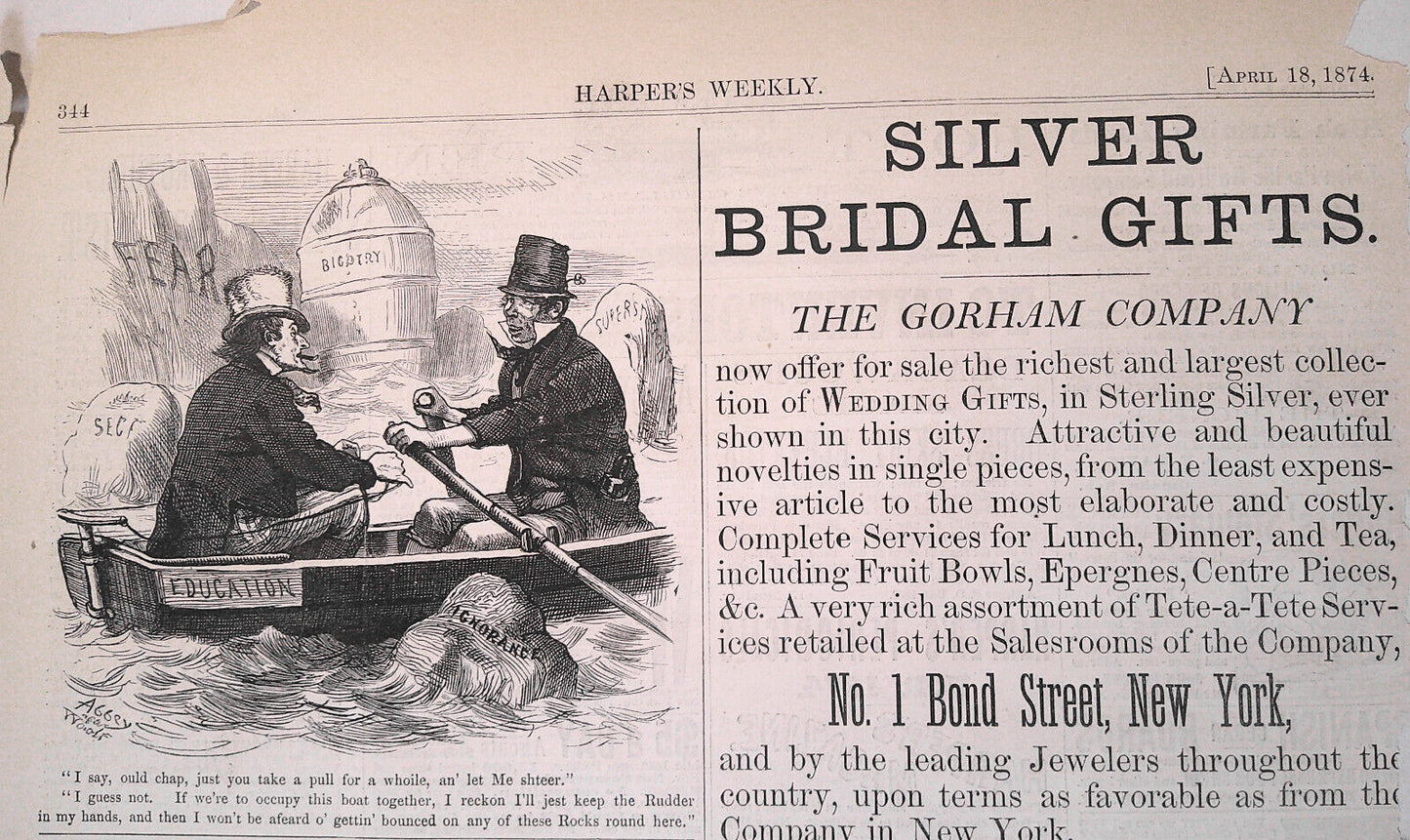 Education Boat - Harper's Weekly April 18, 1874. Original.