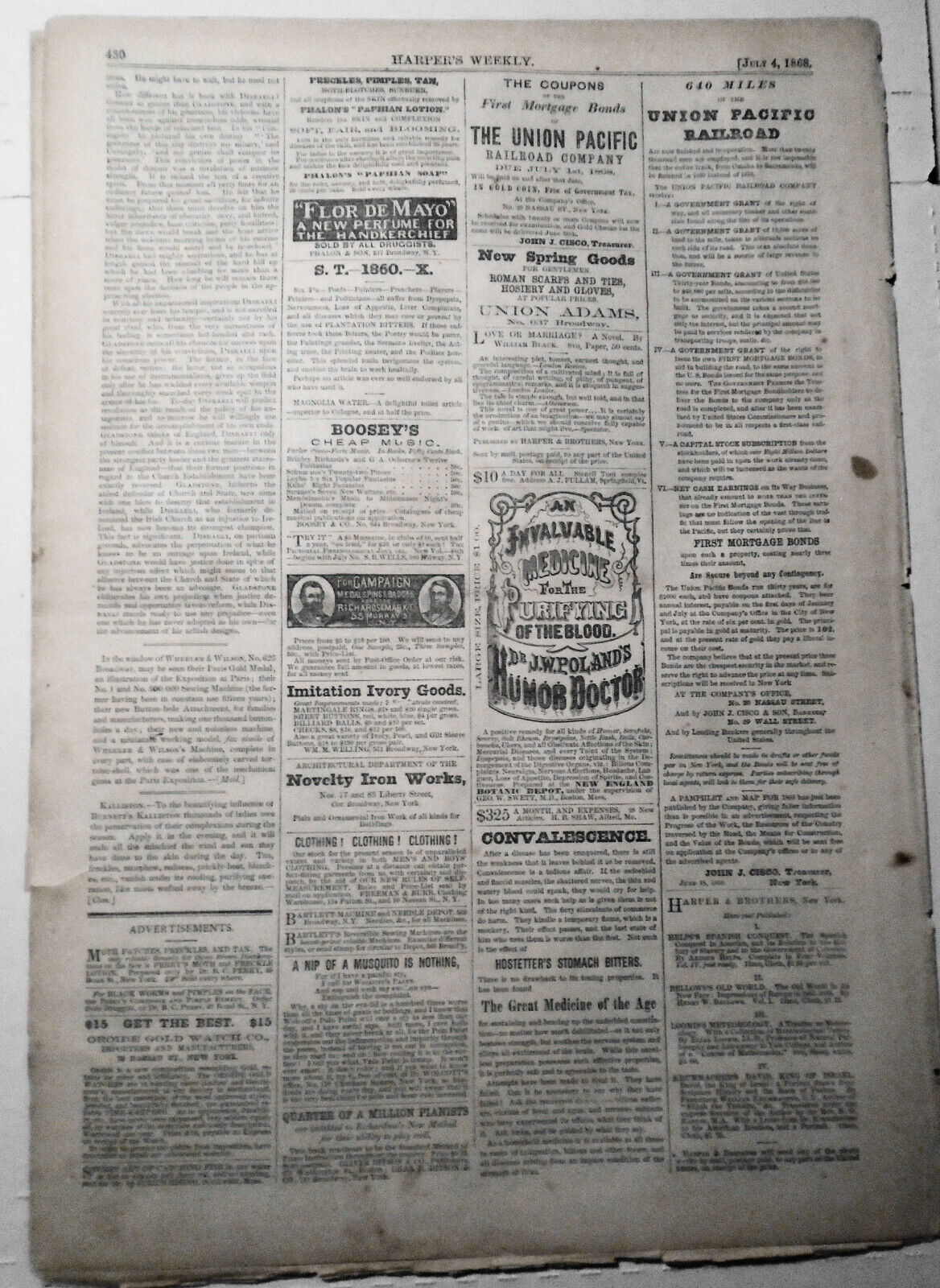 Harper's Weekly July 4, 1868 Original - West Point Cadet Life; NY Yacht Club etc