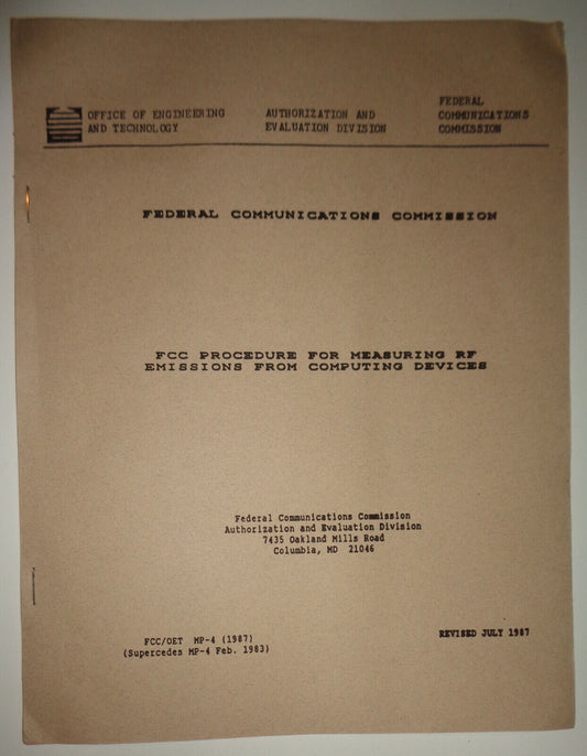 FCC procedure for measuring RF emissions from computing devices. 1987