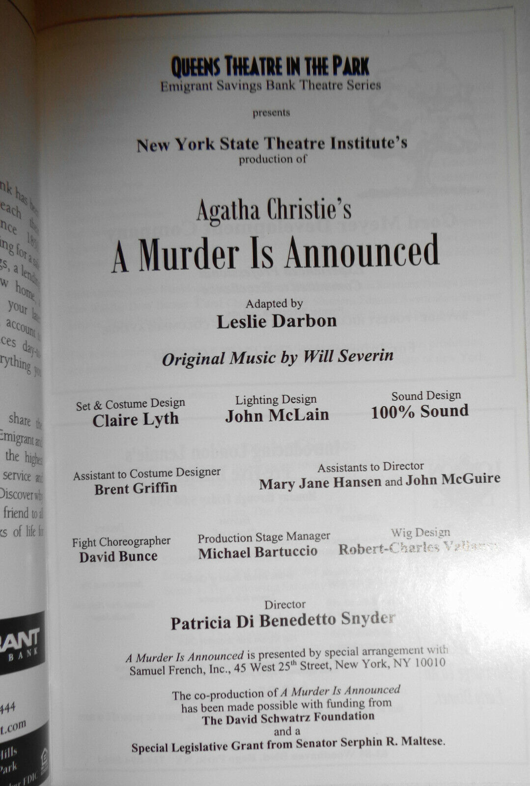 A MURDER IS ANNOUNCED, Agatha Christie PROGRAM - 2003 QUEENS THEATRE IN THE PARK