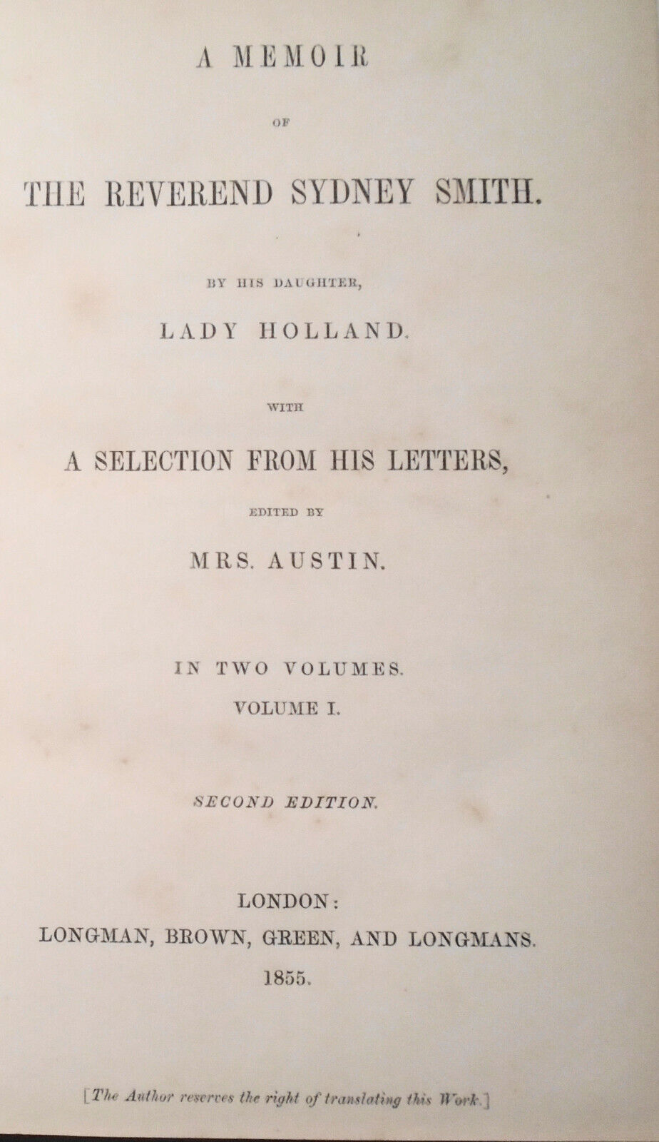 [Bindings] A Memoir of Rev. Sydney Smith 1855 2vols By Lady Holland /Mrs. Austin