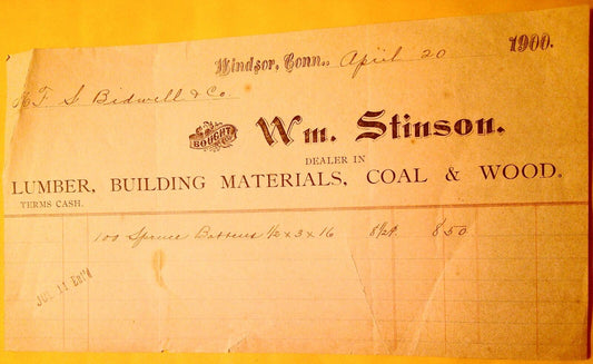 1900 Receipt from Wm. Stinson, Lumber ..., Windsor, Connecticut. For S. Bidwell