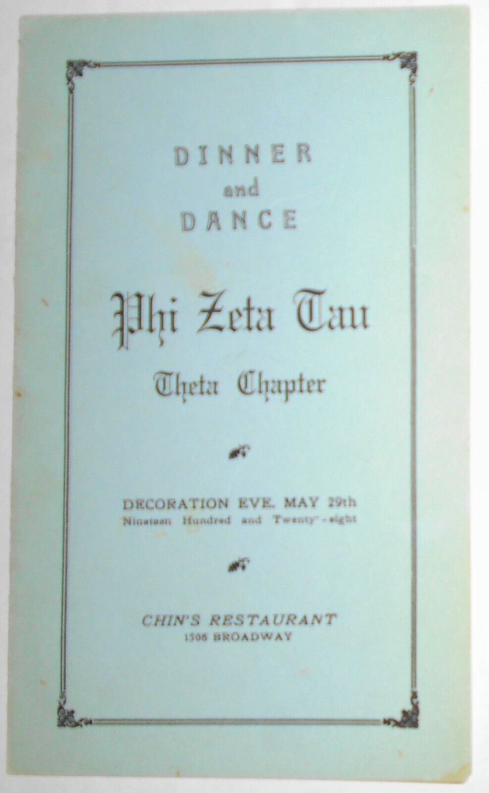 1928 Phi Zeta Tau, Dinner Dance  - Chin's Restaurant, New York City, with Menu