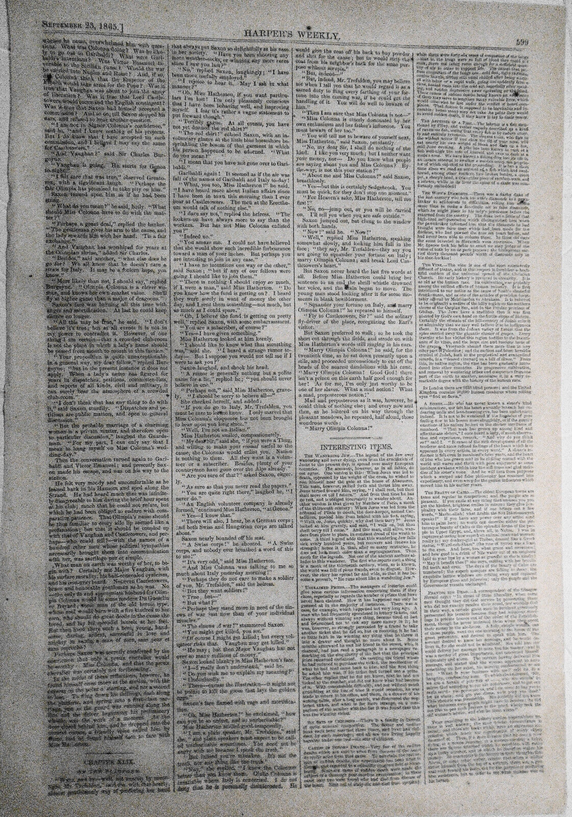 The Horrors of Travel - Harper's Weekly, September 3, 1865. Original print.