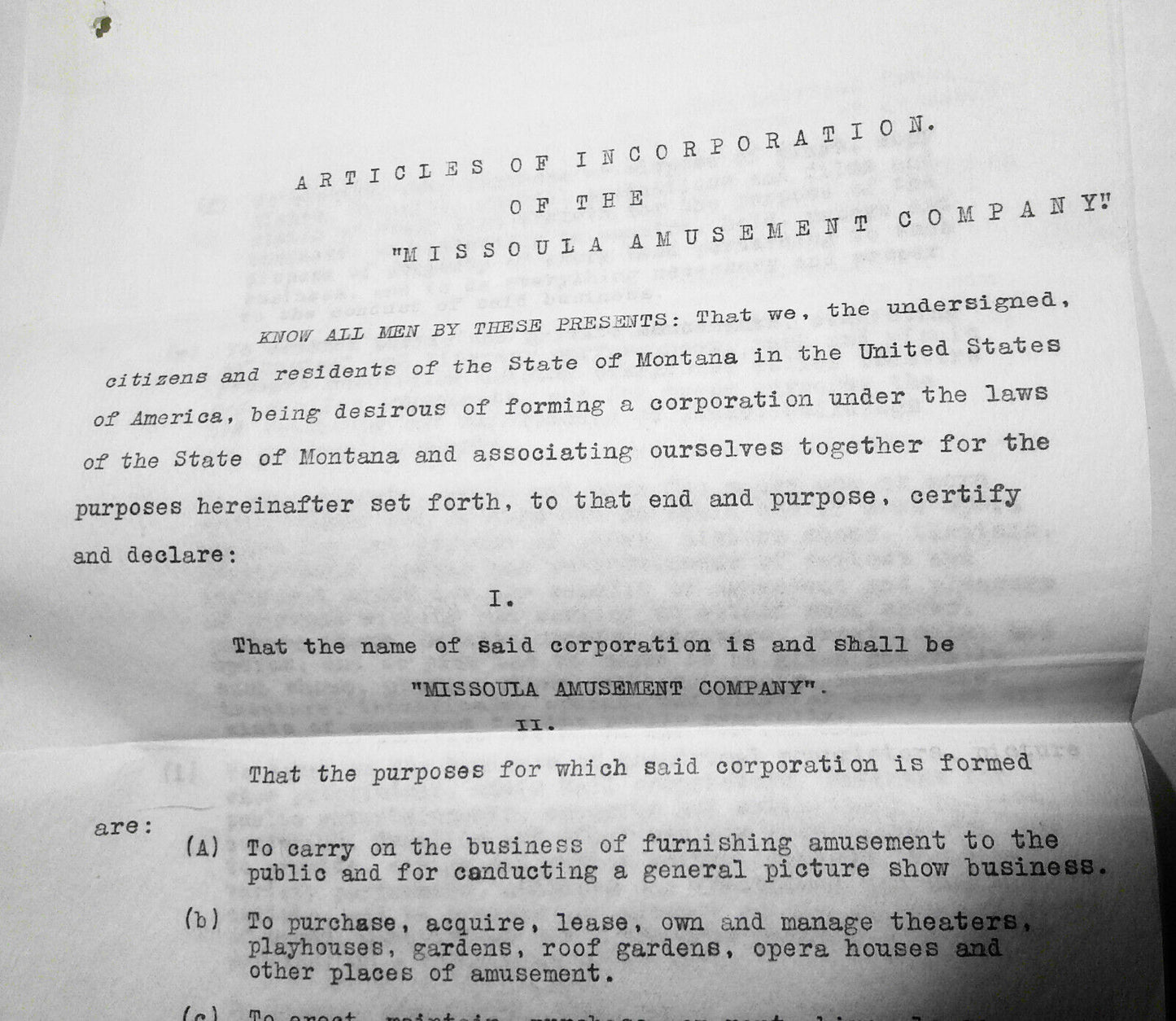 1913 "Missoula Amusement Company" Articles of Incorporation. Original documents.