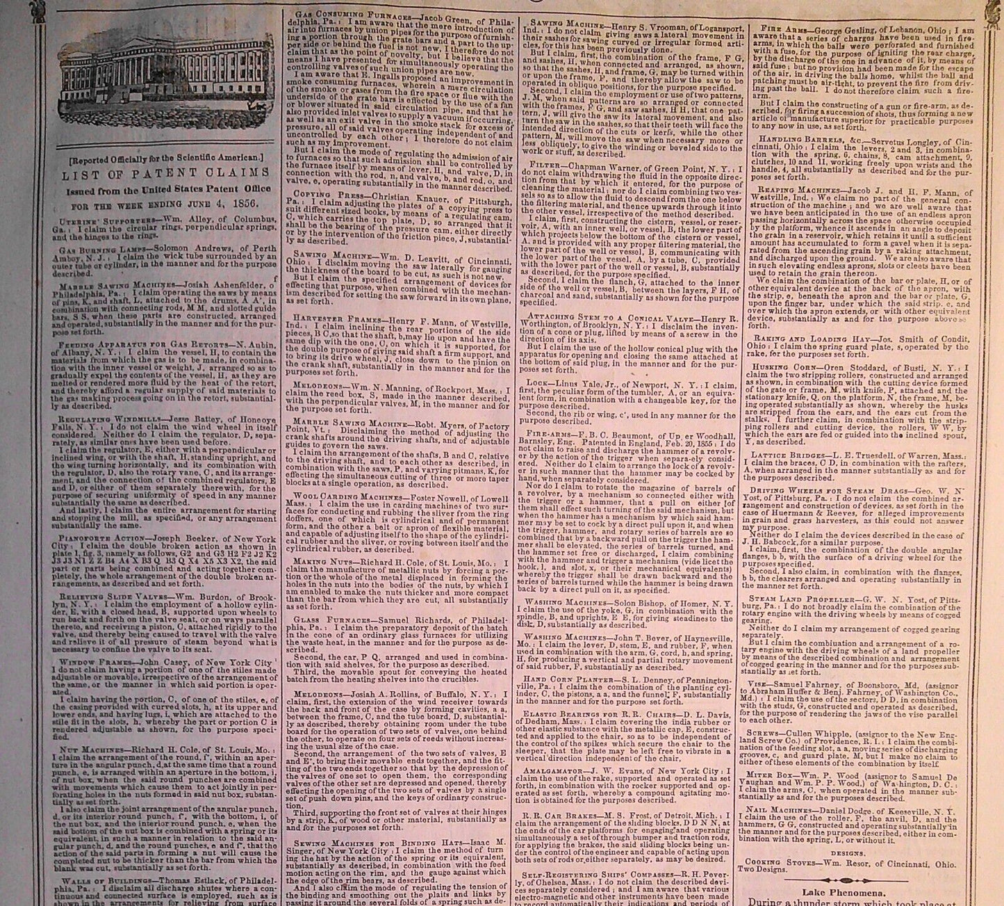 Scientific American, June 14, 1856. Foucault - Motion and Heat; Ballooning, etc