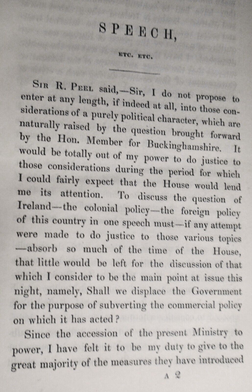 1849 Speech of Sir Robert Peel,  July 6, 1849, on the state of the nation