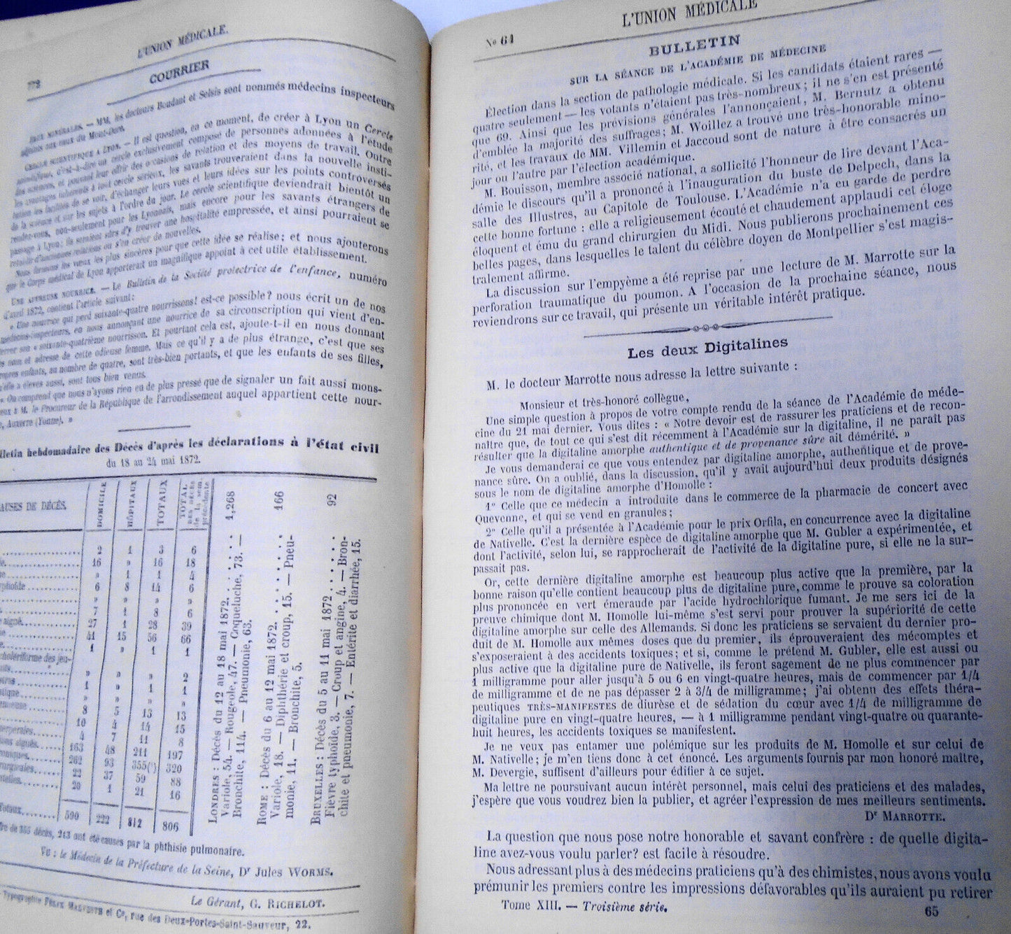 1872 L'union Medicale - Journal Des Interets Scientifique Et Pratiques...Medical