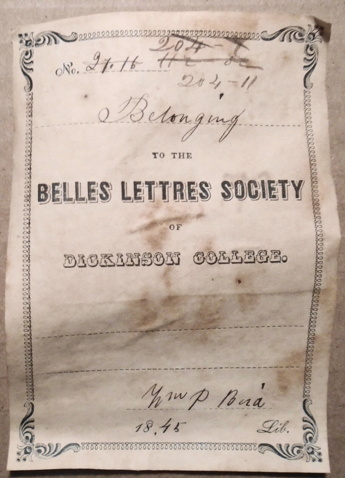 Belles Lettres Society of Dickinson College - Ex Libris Bookplate. 1845.