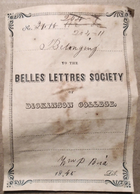 Belles Lettres Society of Dickinson College - Ex Libris Bookplate. 1845.