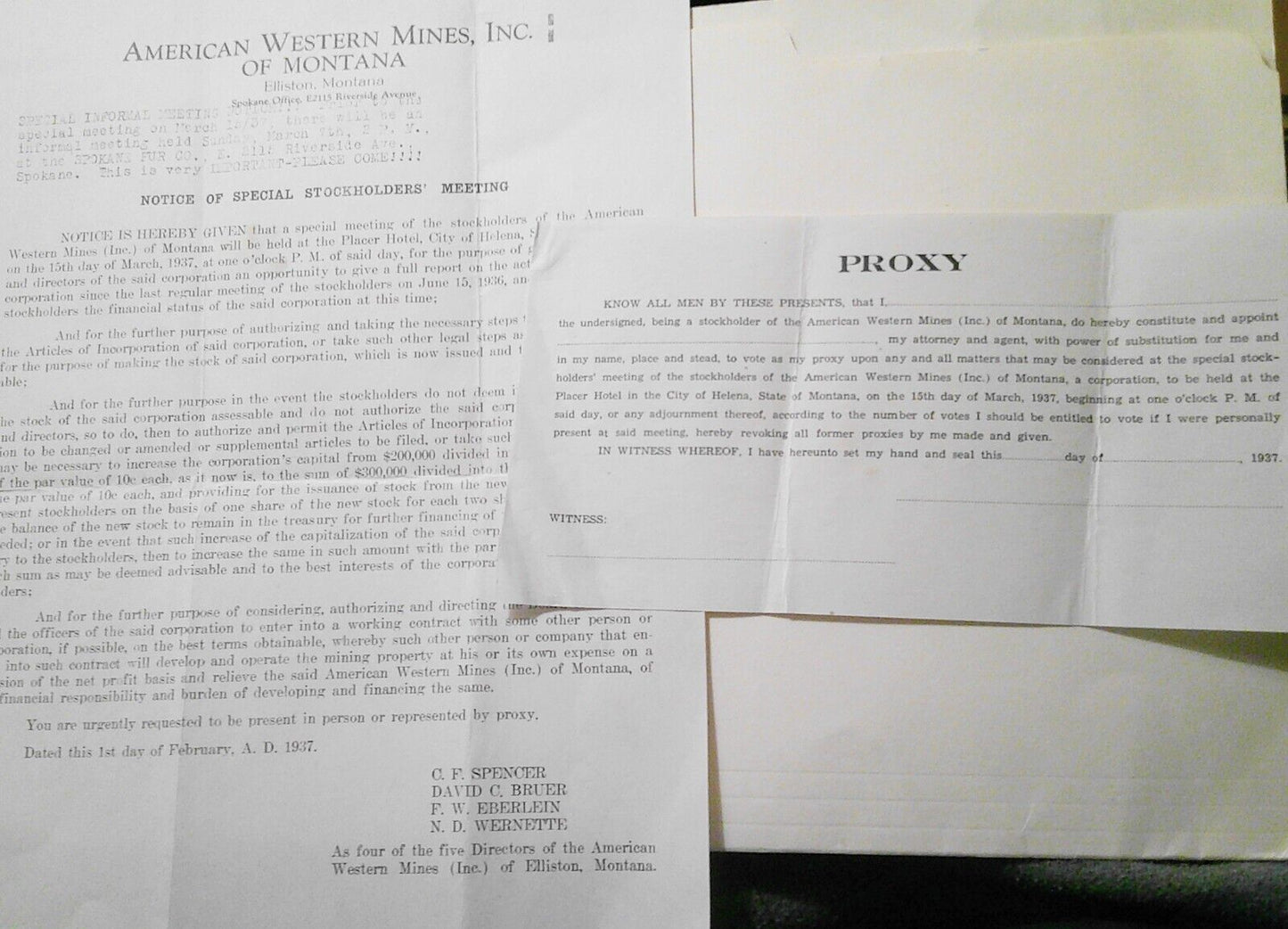 1937 American Western Mines (Inc.) of Montana - Stockholders' Meeting & Proxy