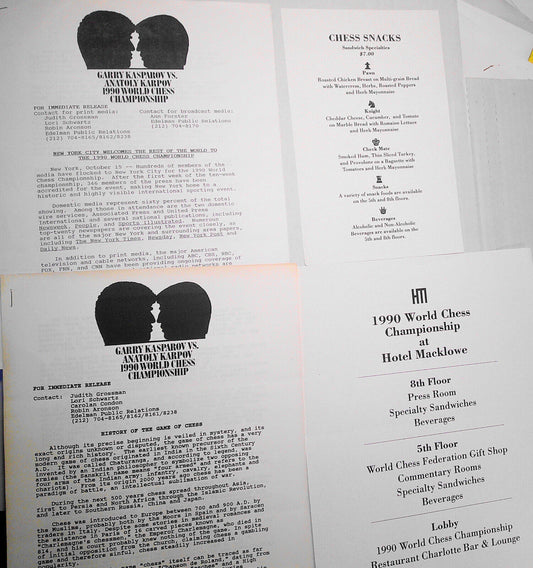 1990 Kasparov-Karpov World Chess Championship Match, New York, memorabilia lot