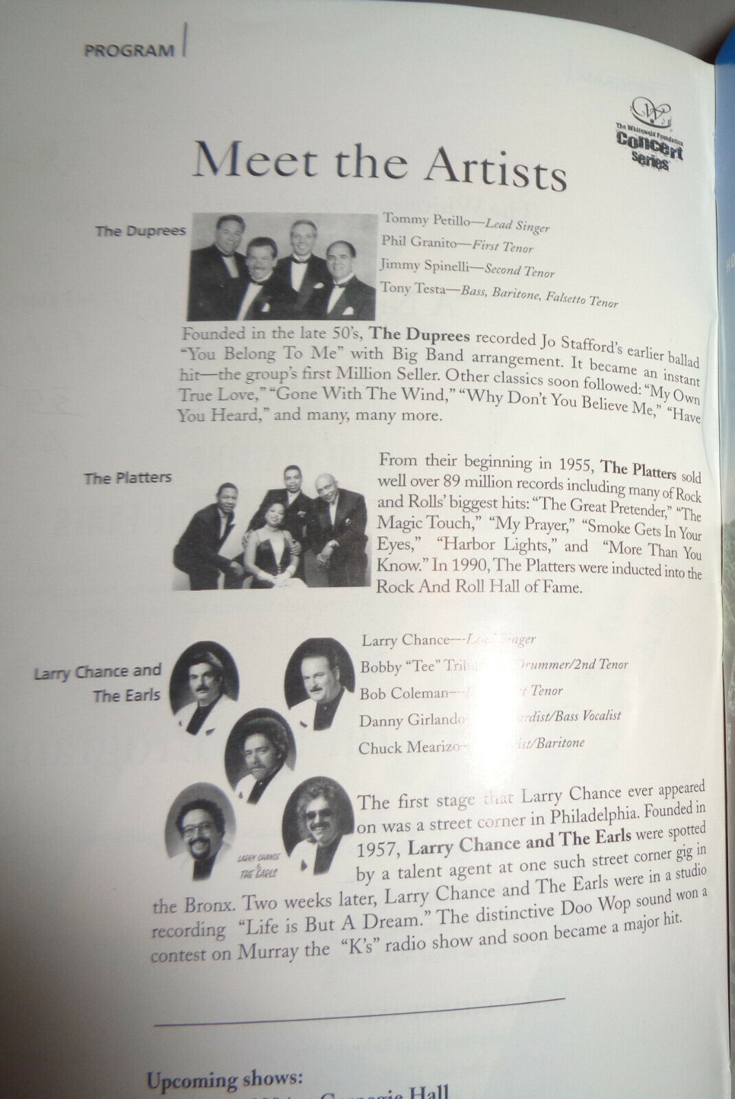 "A NIGHT OF NOSTALGIA" - THE DUPREES - THE PLATTERS - THE EARLS, PLAYBILL - 2003