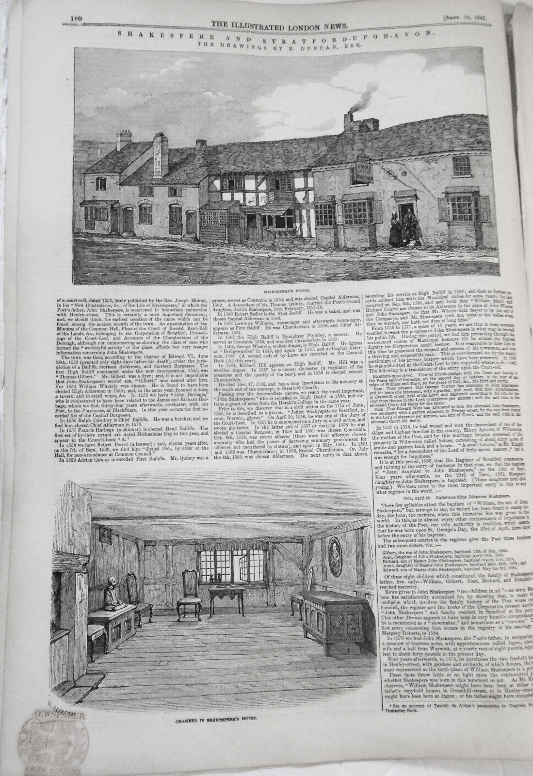 Illustrated London News, September 18, 1847 -  Shakespeare & Stratford Upon Avon
