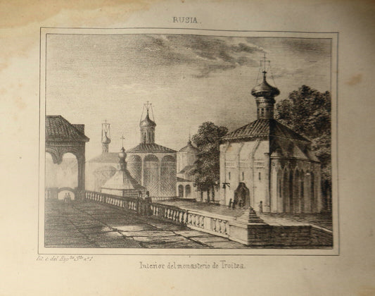 1840 Rusia - Interior del Monasterio de Troitza - original engraving.