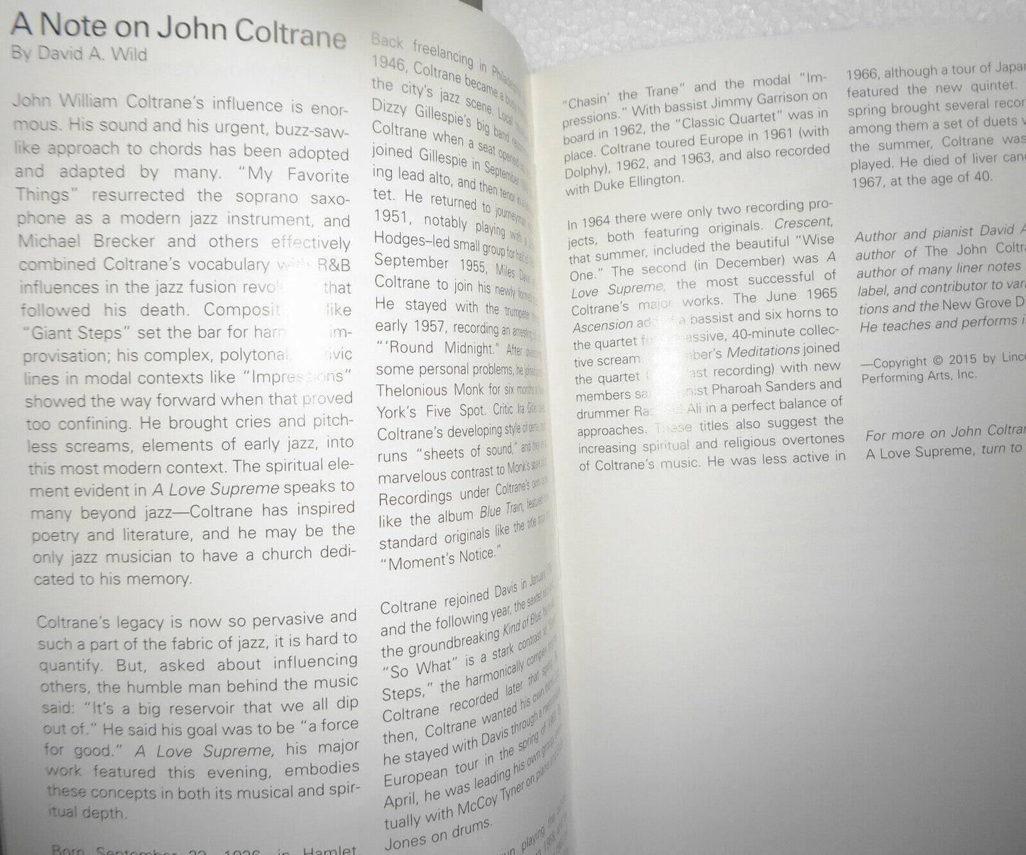 John Coltrane A Love Supreme, White Light Festival Playbill 2015 - Marsalis arr.