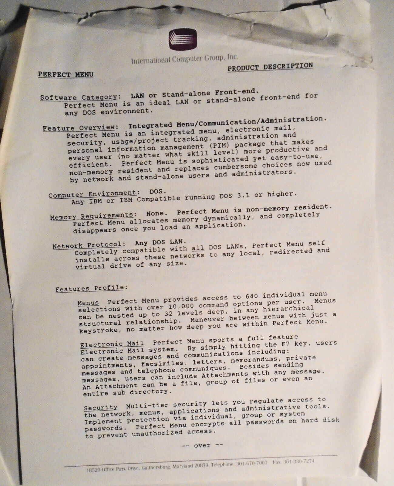 Perfect Menu - LAN Front-End Menu Program (with e-mail). IBM 5 1/4" Demo Program