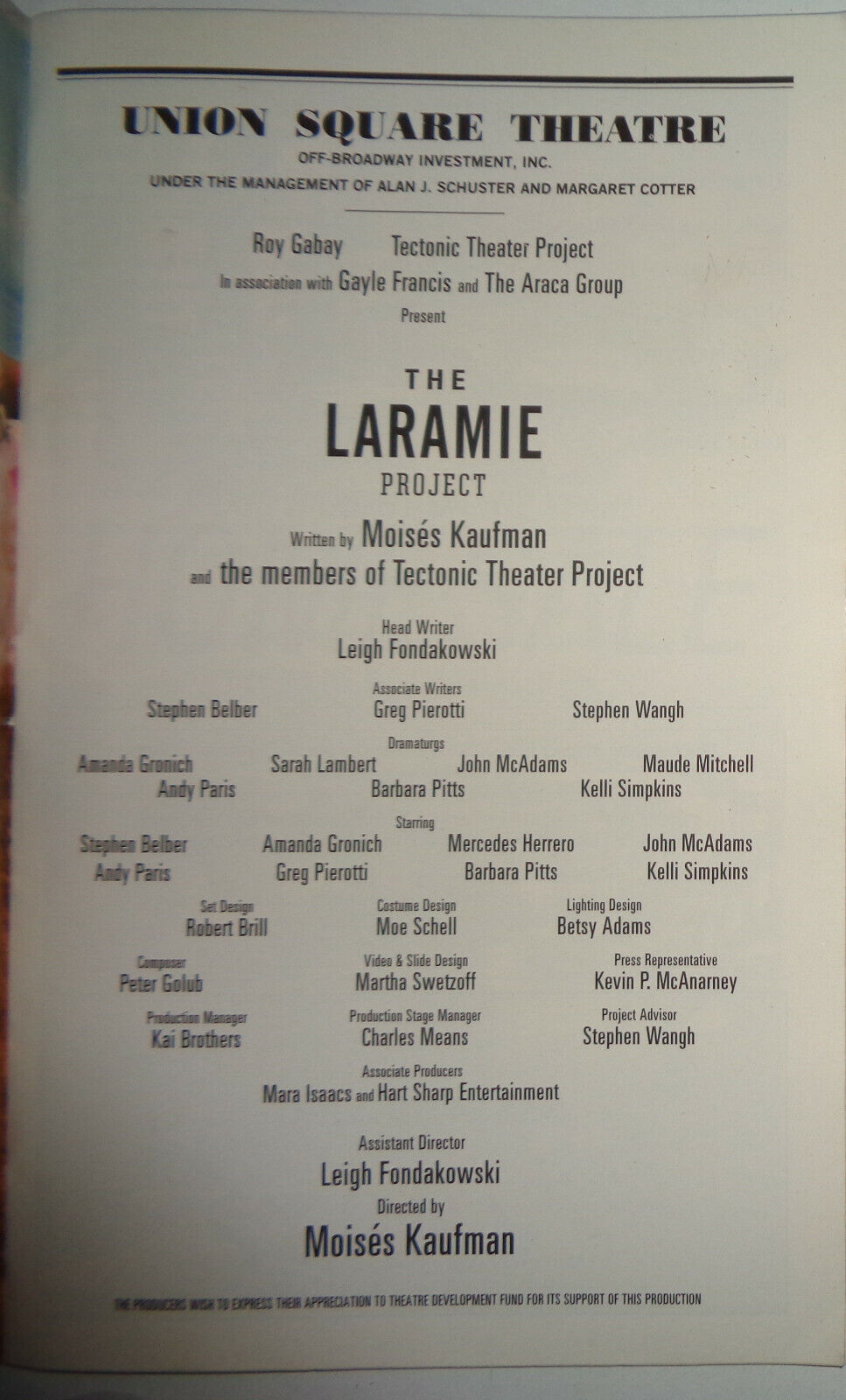 THE LARAMIE PROJECT - PLAYBILL - SEPT. 2000 UNION SQUARE THEATRE, NYC