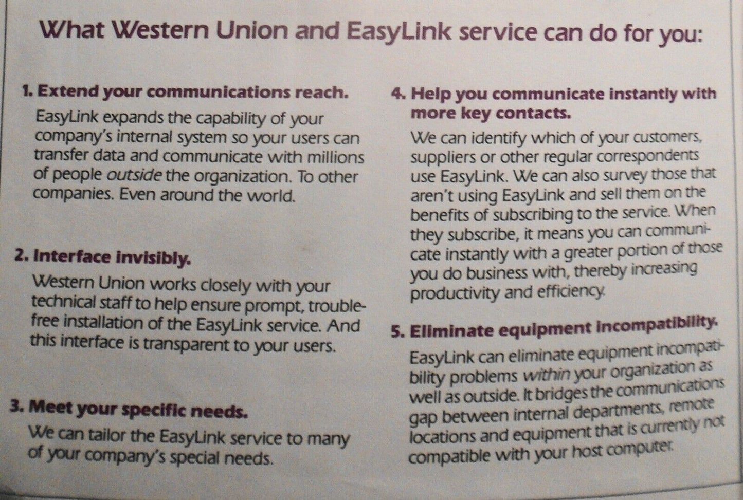 1984 Western Union EasyLink, Electronic Mail, Promo literature; testimonials.