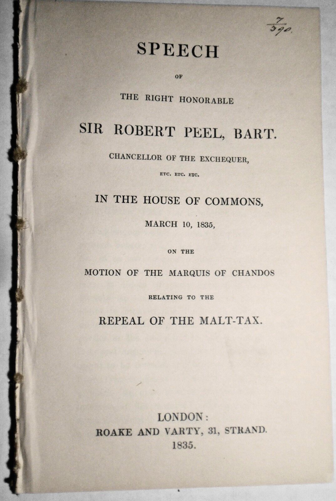 1835 Speech of Robert Peel in the House of Commons...  on repeal of the malt-tax